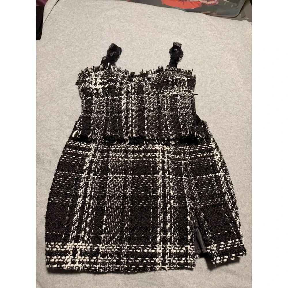 Black White Plaid Tweed Two Piece Set Lace Strap Bustier Top and Mini Skirt